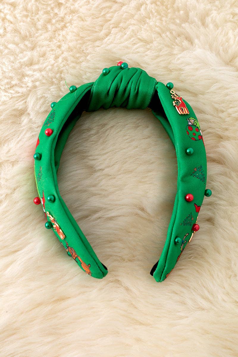 Pink Christmas Mean One Character printed girls headbands with beads. Pink
