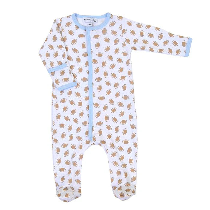 Magnolia Baby Football footie with Blue Trim