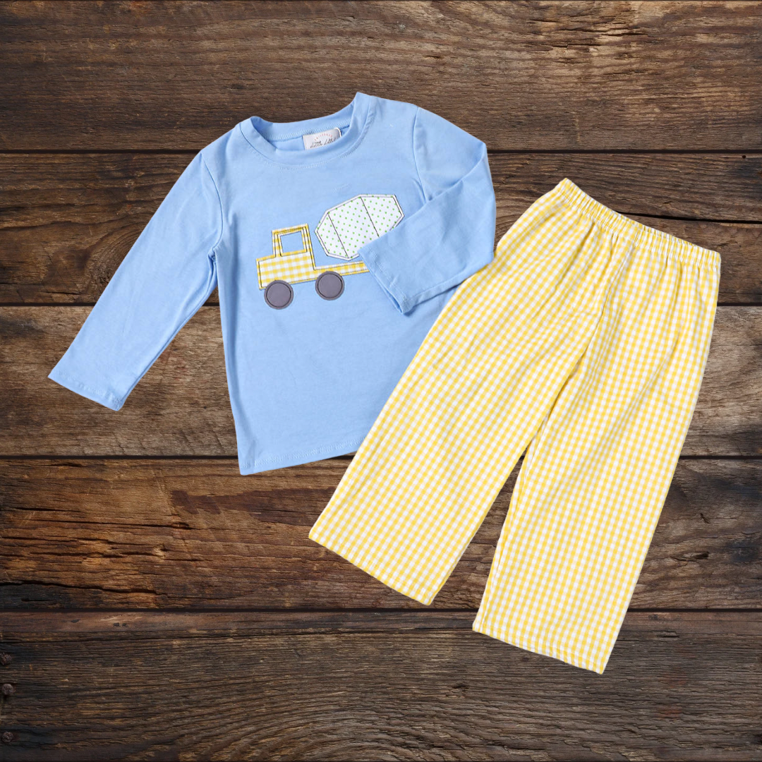 Preorder Boys Cement Mixer Appliqué Pants Set