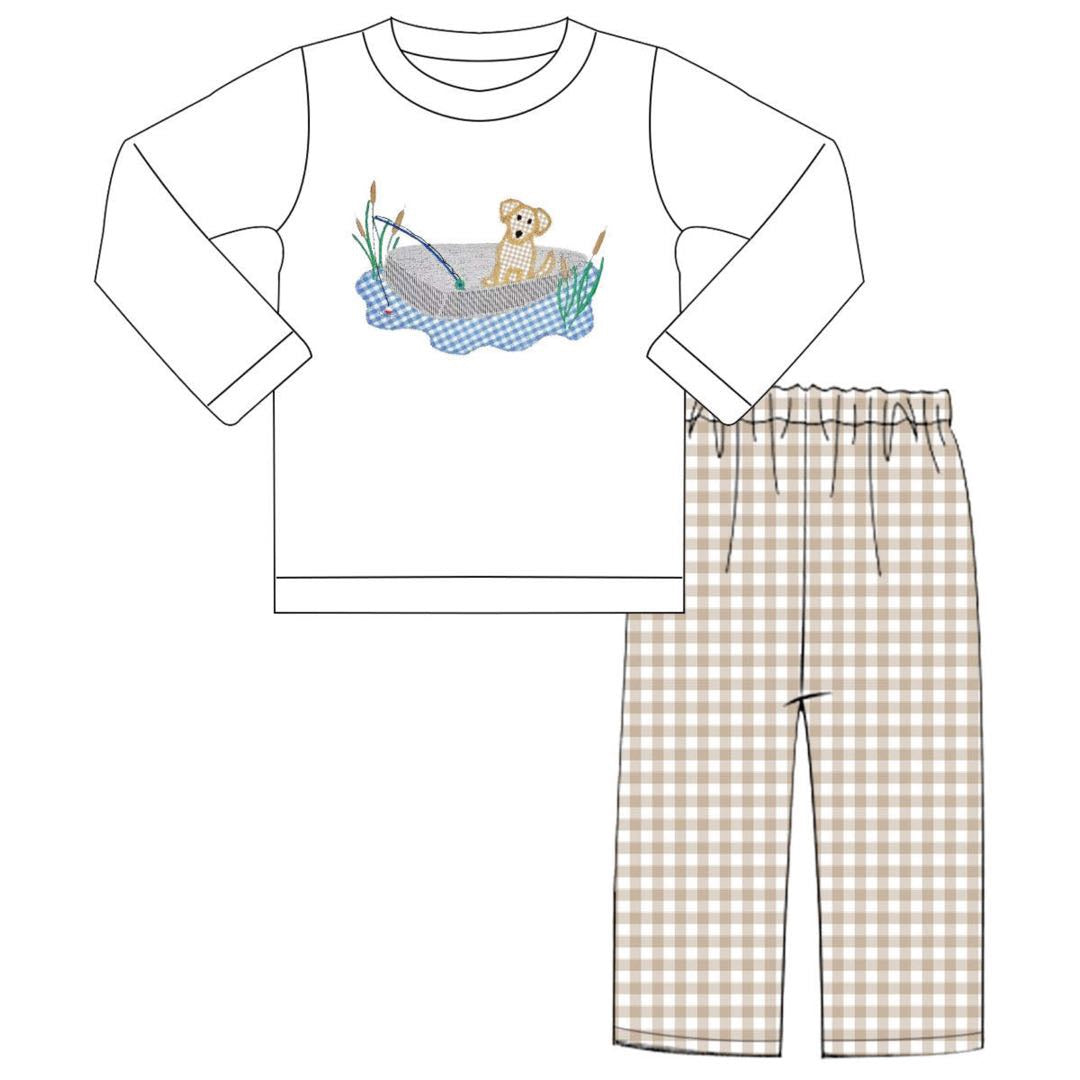Boys Fishing Dog Applique Pants Set