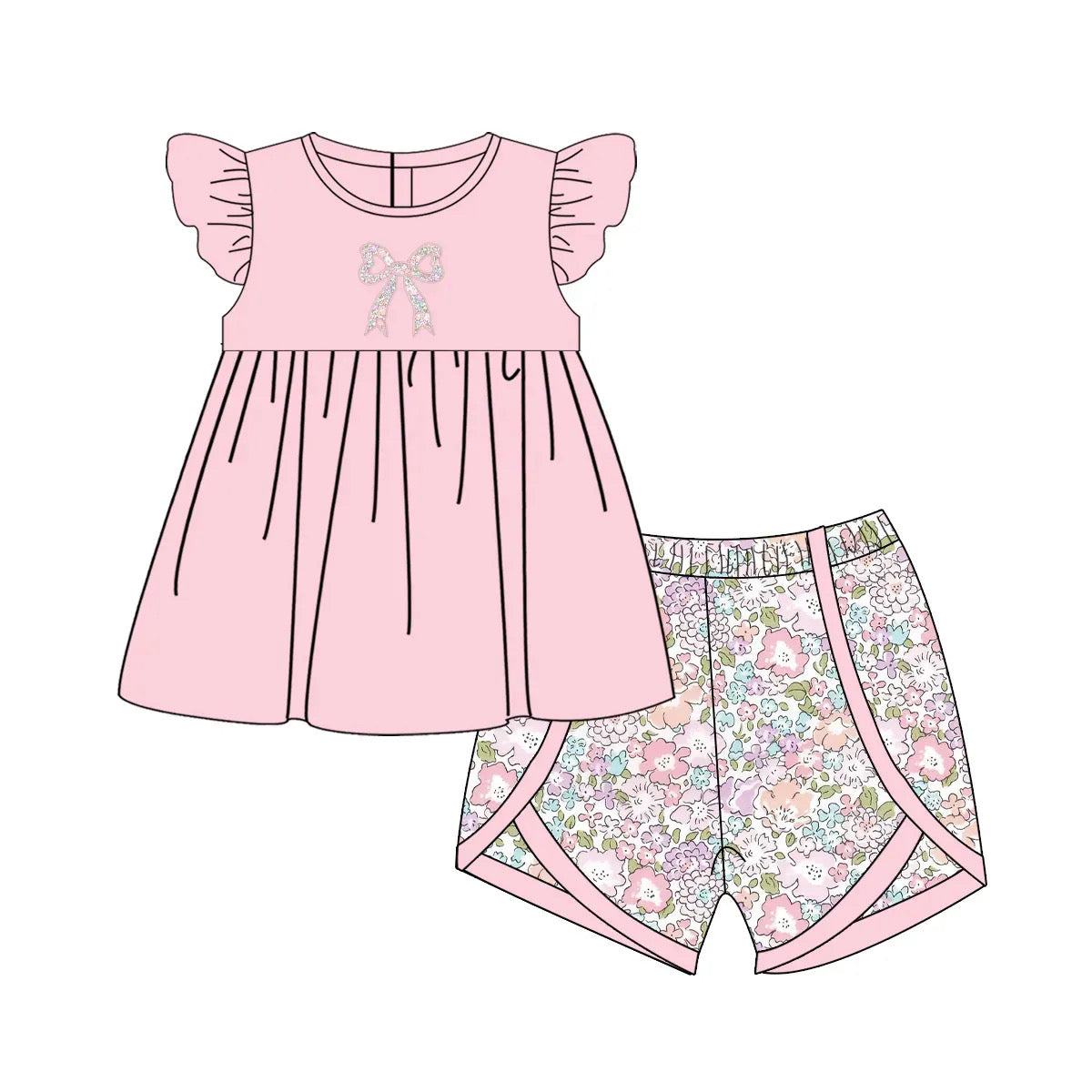 Girls Floral Short Set with Bow Applique Top