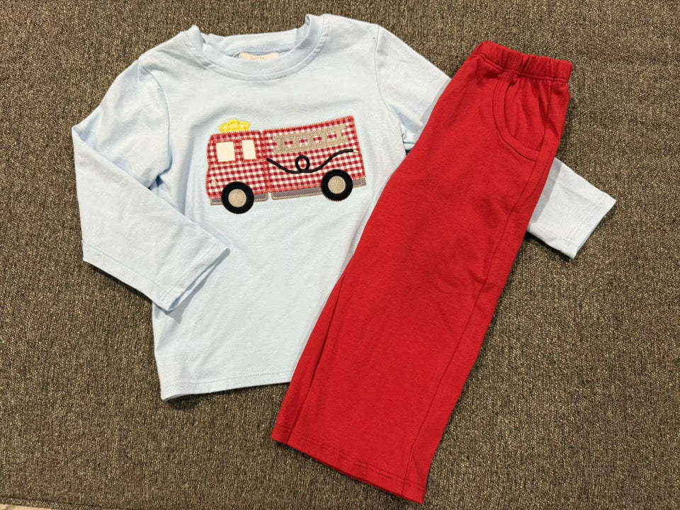 Preorder Boys Fire Truck Appliqué Pants Set