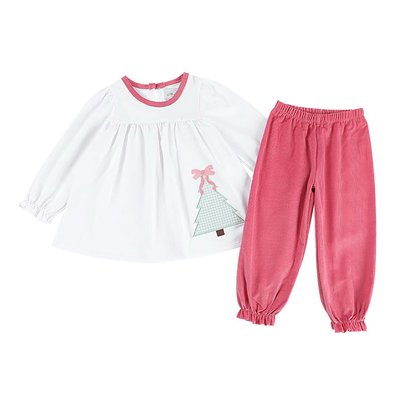 Girls Christmas Tree Applique Corduroy Pants Set