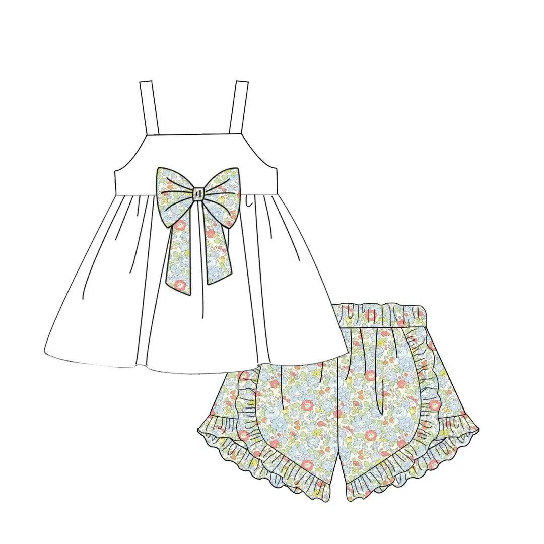 Girls Green Floral Short Set with White Bow Top