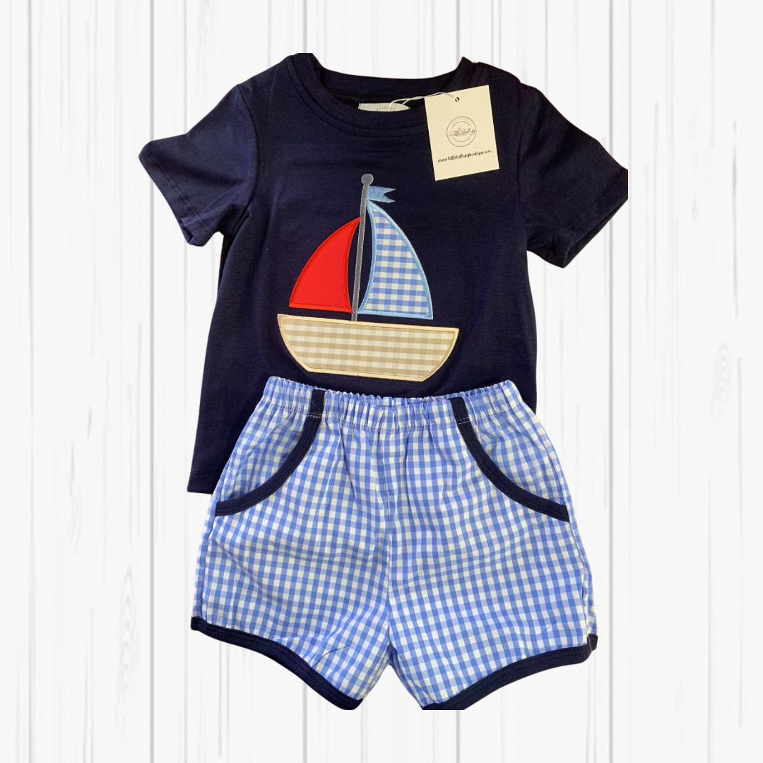 Boy Sail Boat Applique Short Set