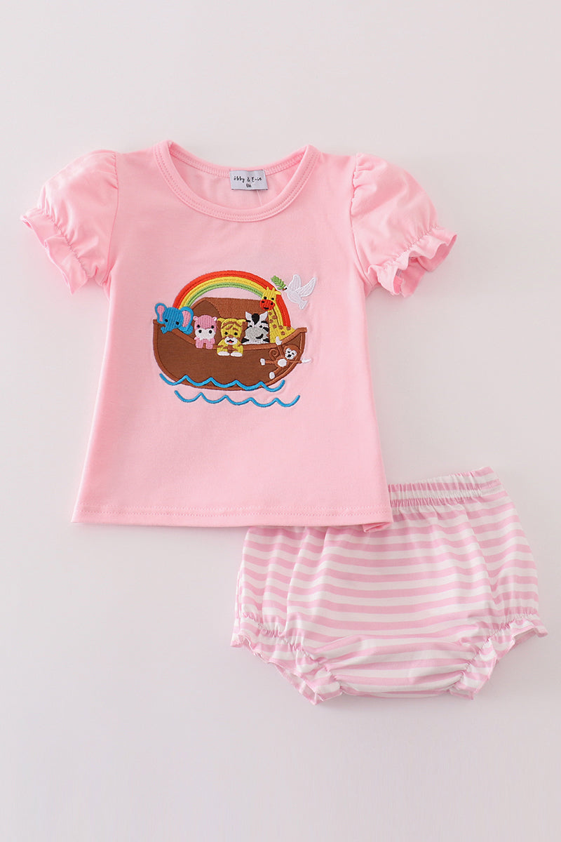 Pink Noah's Ark Appliqué Girl Diaper Set