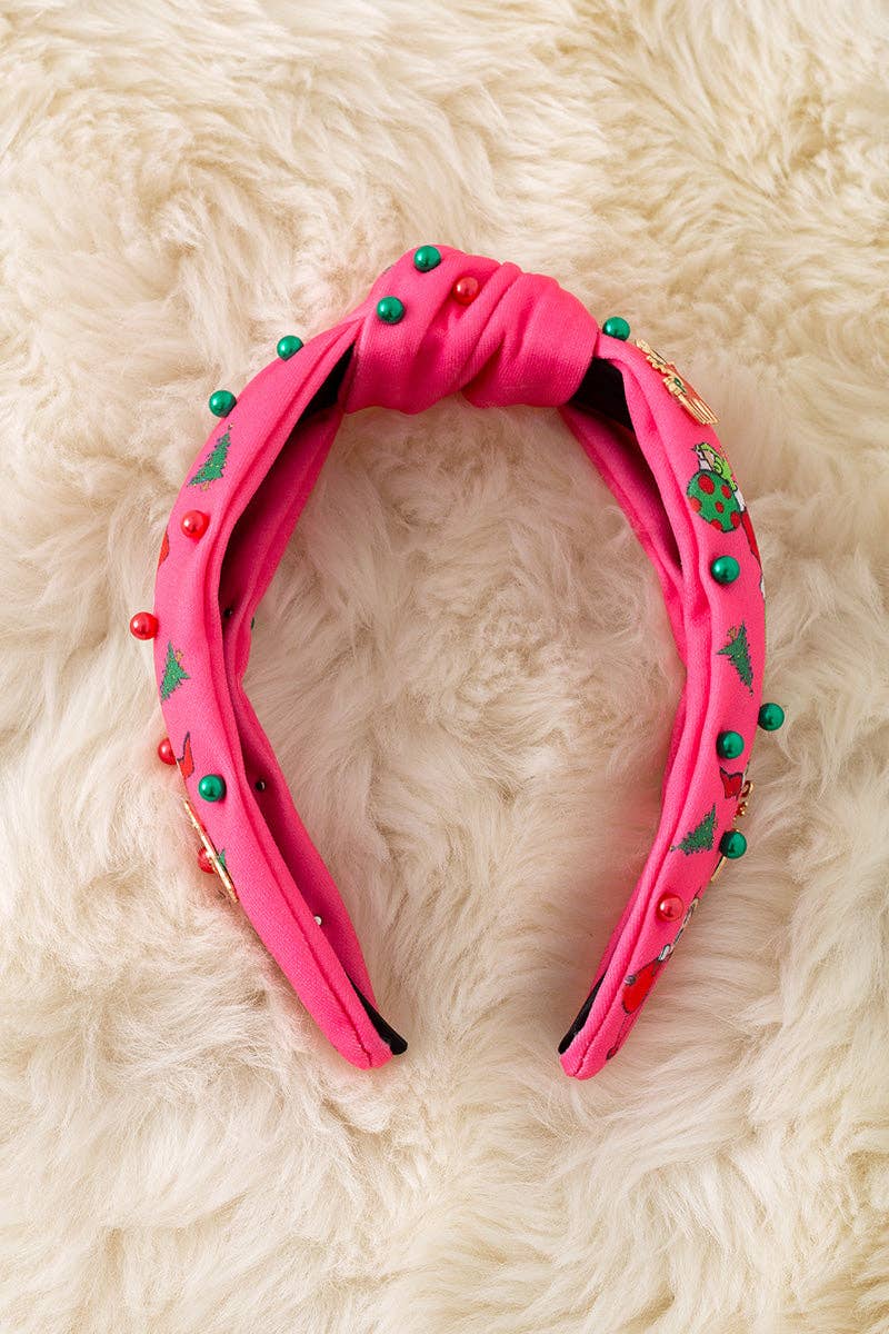 Pink Christmas Mean One Character printed girls headbands with beads. Pink