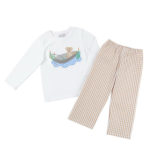 Boys Fishing Dog Applique Pants Set