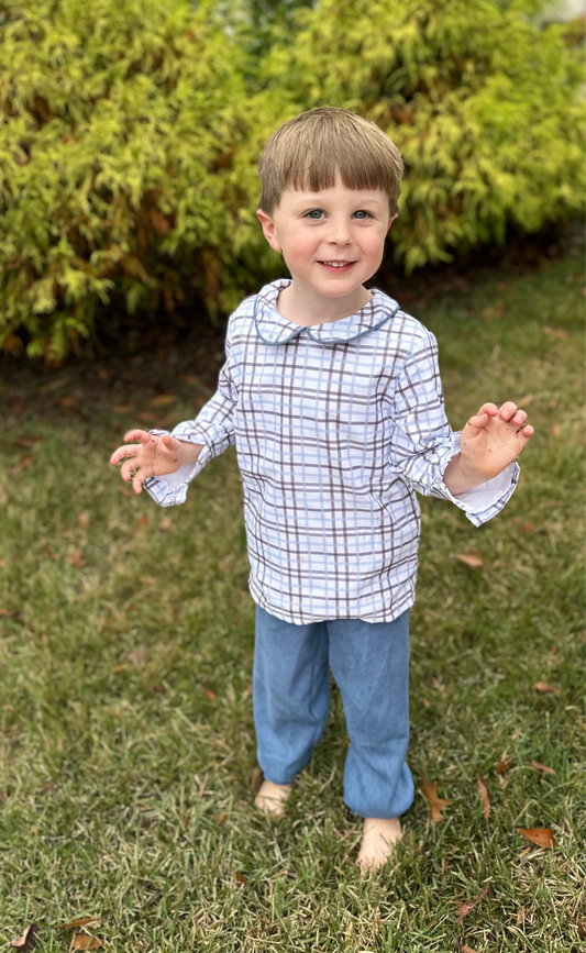 Boys Navy Blue Corduroy Pants Set with Plaid Shirt