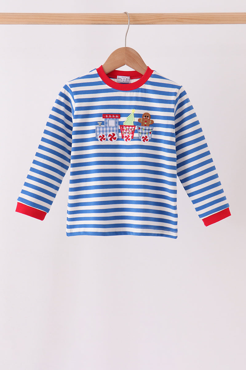 Boys Blue Stripe Christmas Train Shirt