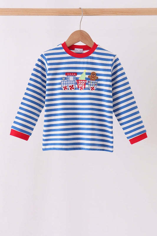 Boys Blue Stripe Christmas Train Shirt