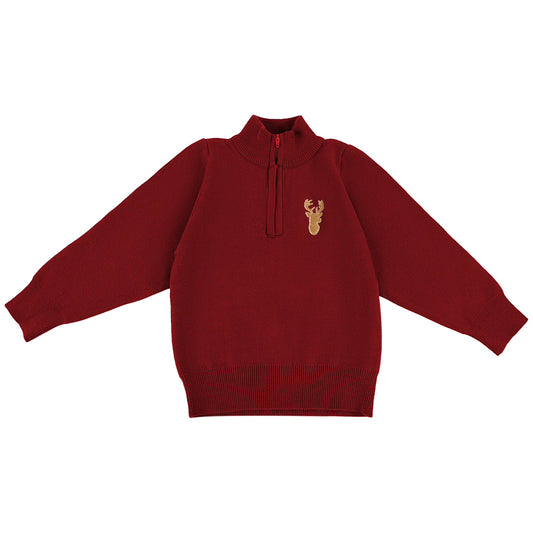Boys Red Half Zip Sweater with Deer