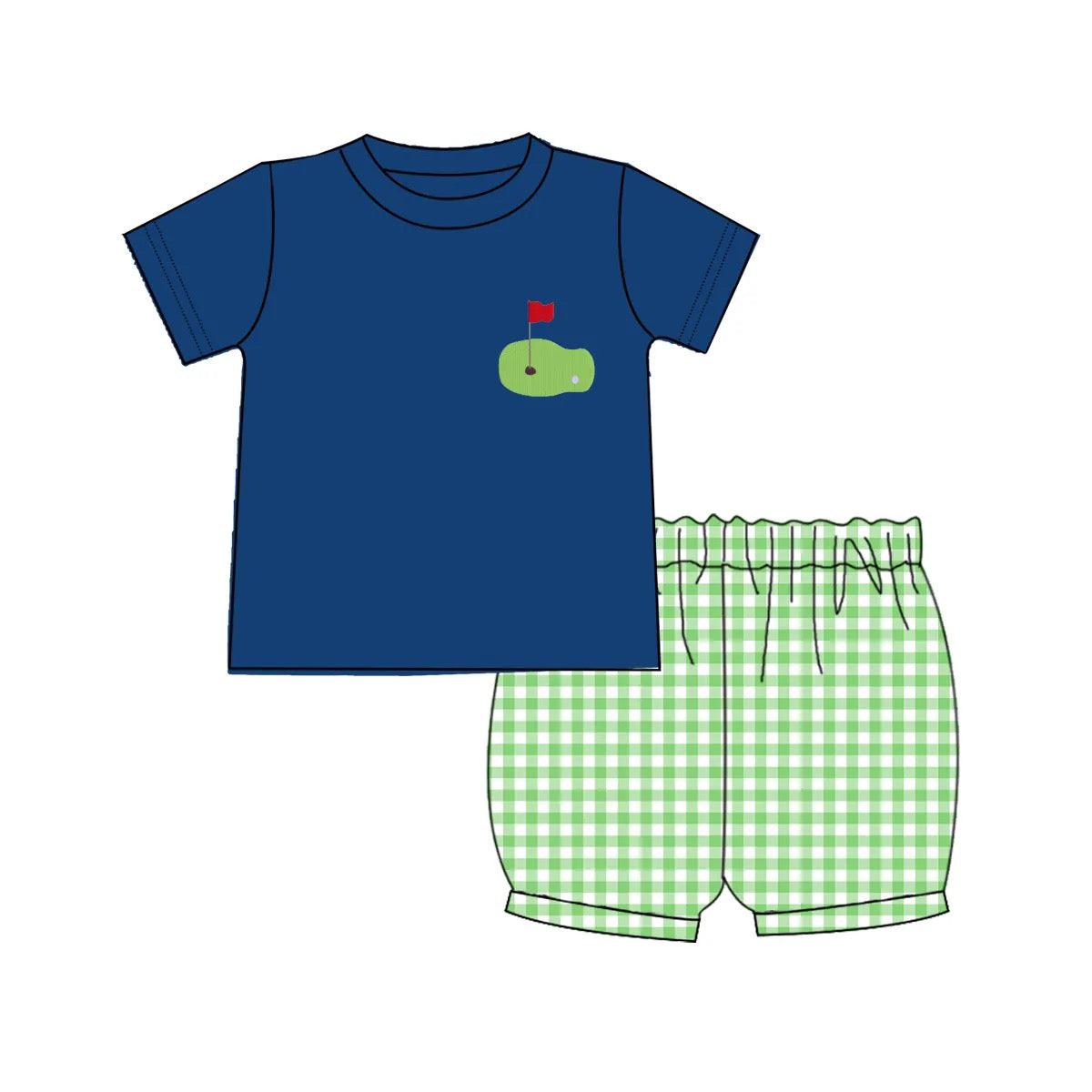 Boys Navy Blue and Green Gingham Golf Short Set