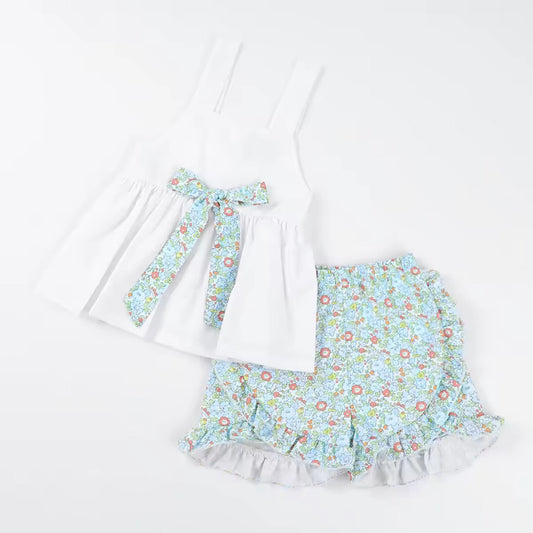 Girls Green Floral Short Set with White Bow Top