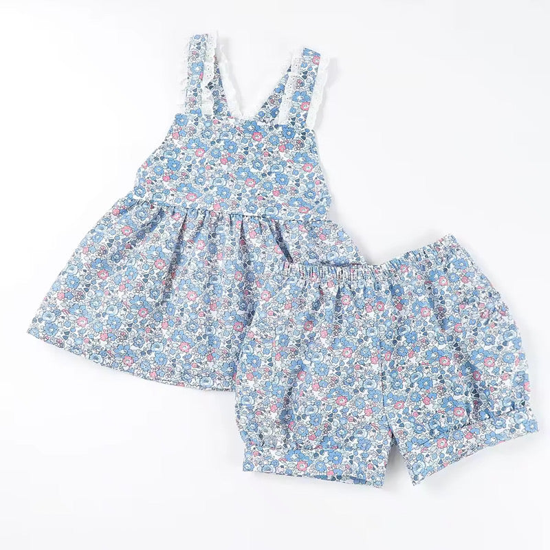 Girls Blue Floral Print Shorts Set