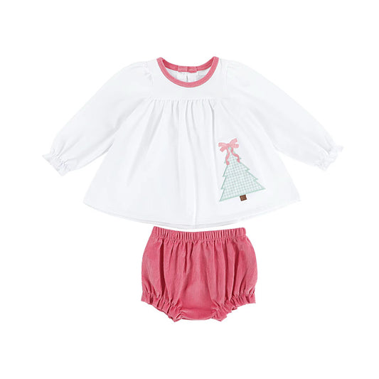 Girls Christmas Tree Appliqué Corduroy Diaper Set