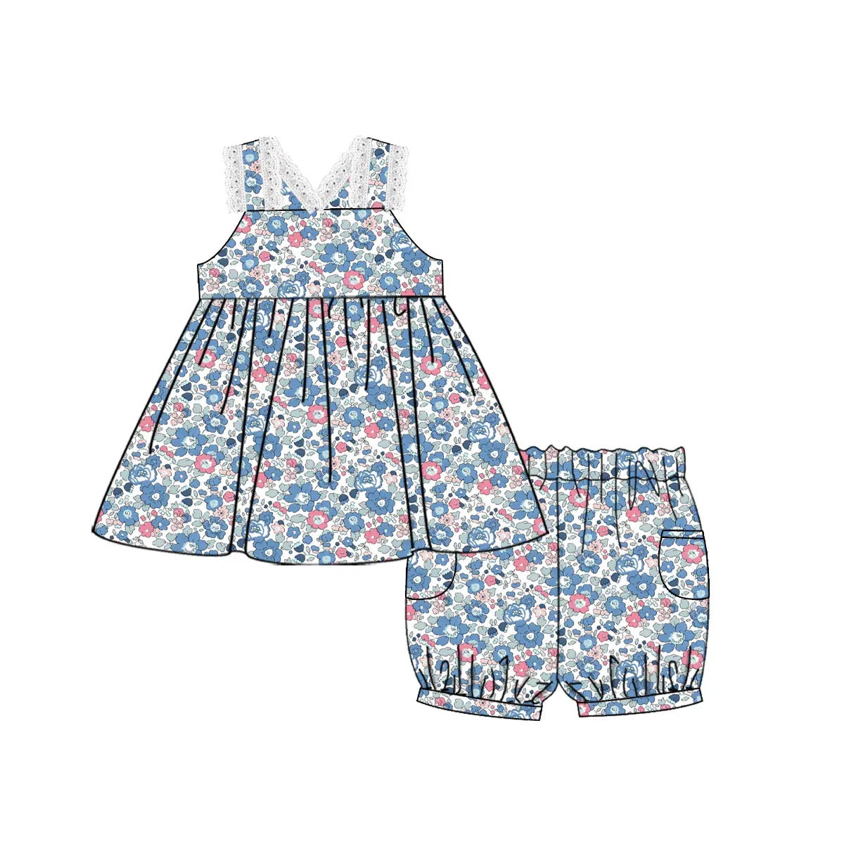 Girls Blue Floral Print Shorts Set