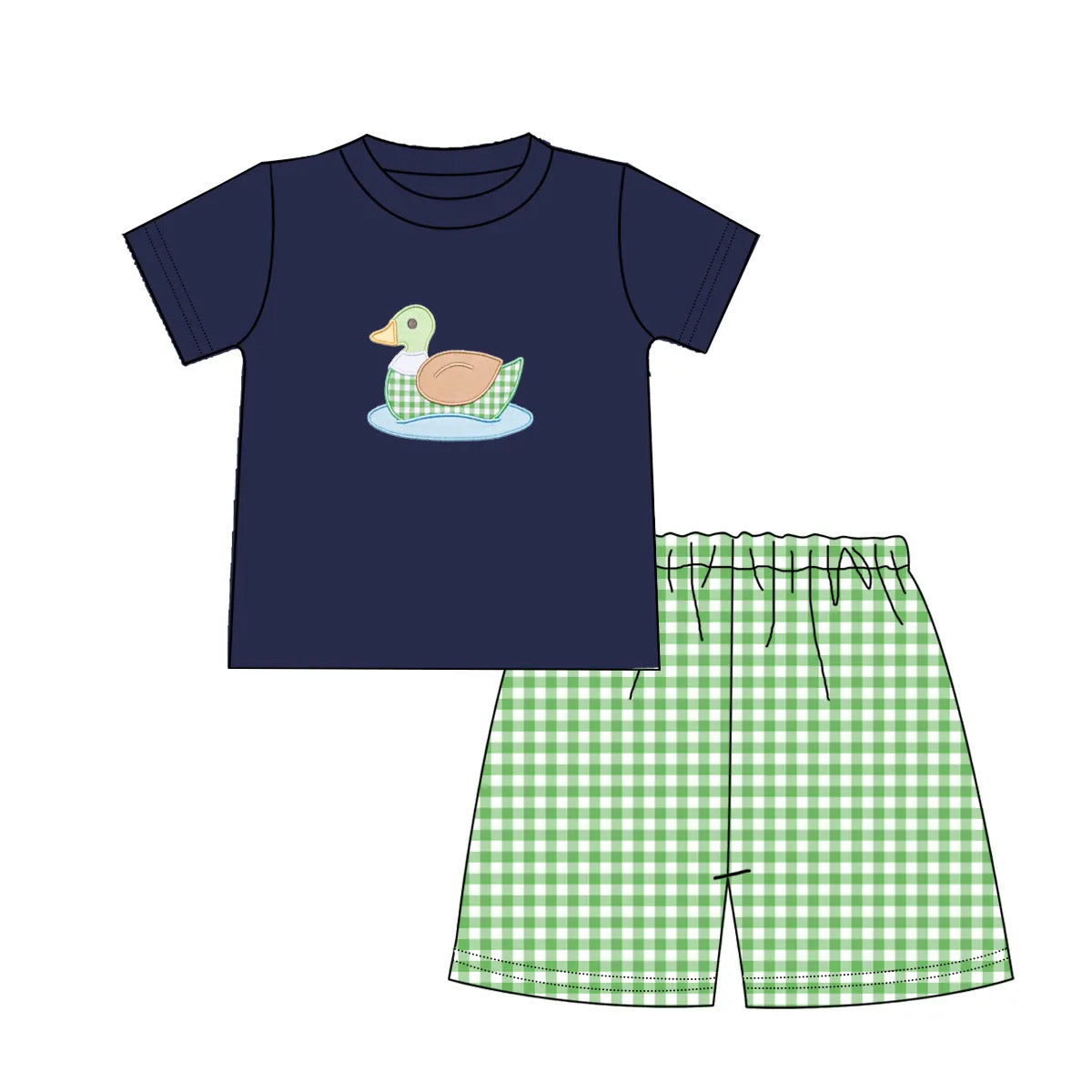 Boys Navy Blue and Green Gingham Mallard Duck Set