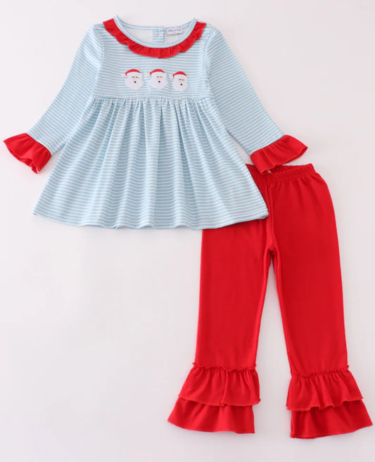 Girl’s Blue and Red Stripe Santa Applique Pants Set