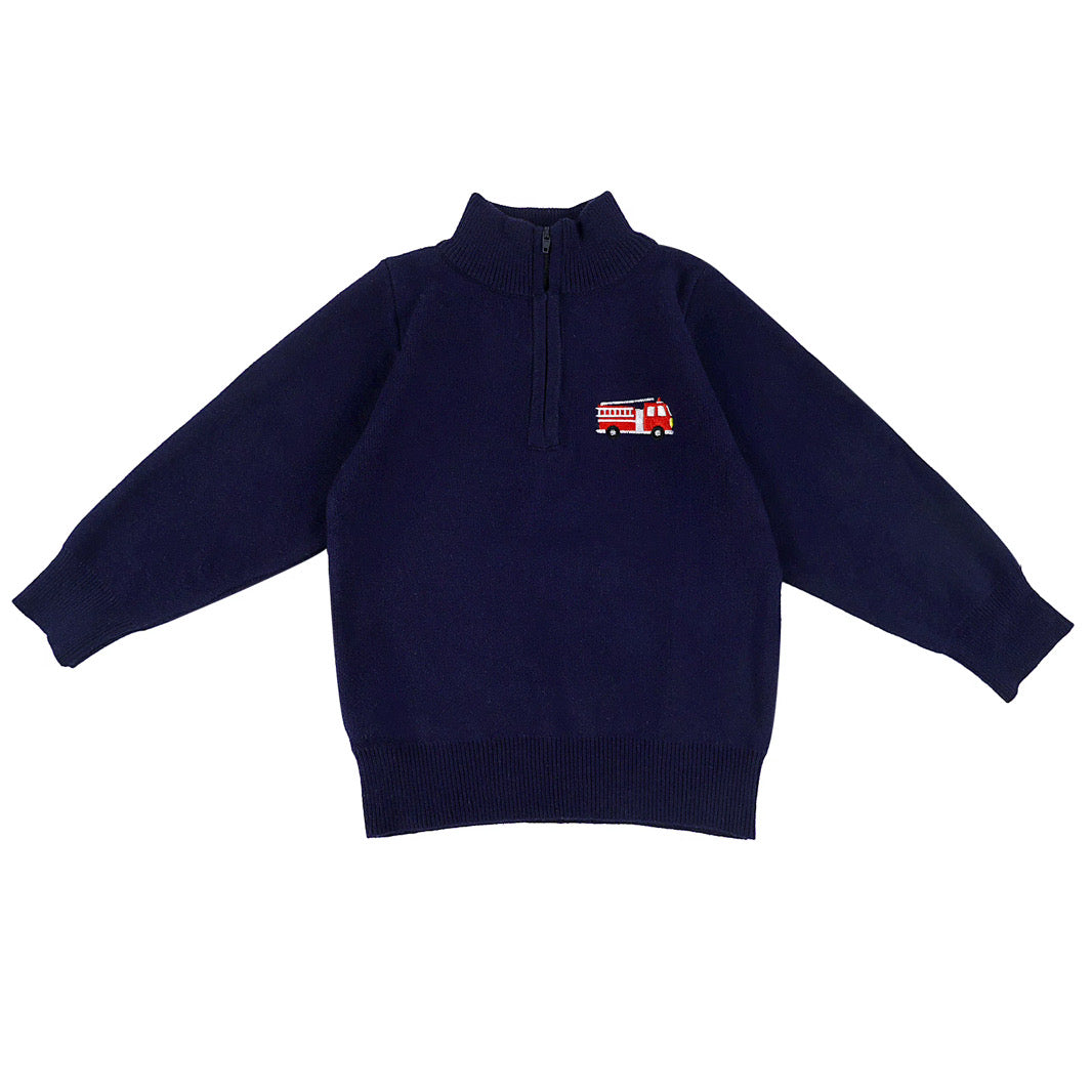 Boys Navy Half Zip Sweater with Firetruck Embroidery
