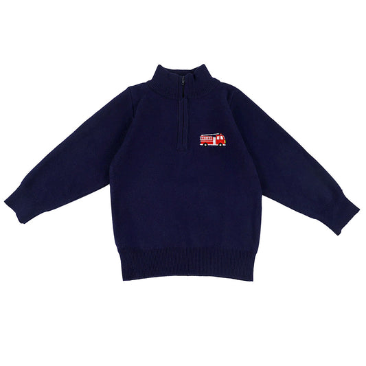 Boys Navy Half Zip Sweater with Firetruck Embroidery