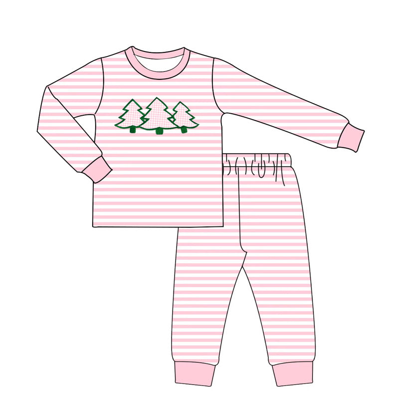 Girls Christmas Tree Applique Pajamas Set