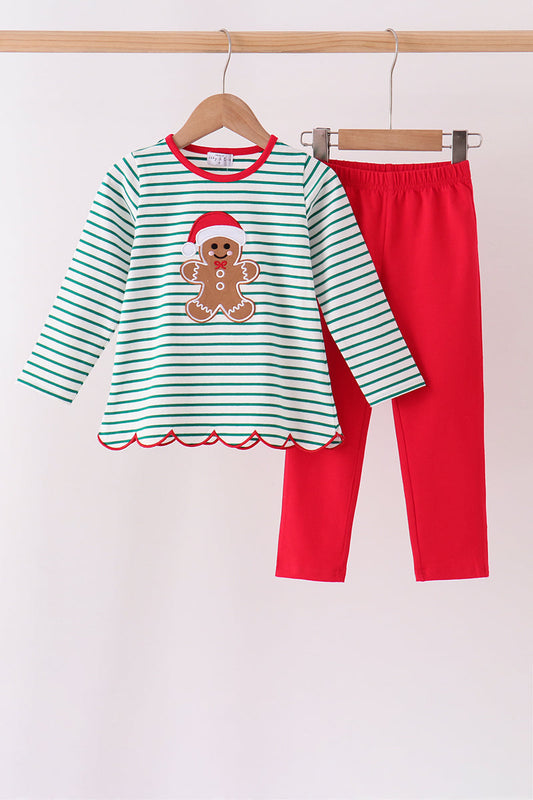 Girls Green Stripe Gingerbread Pants Set