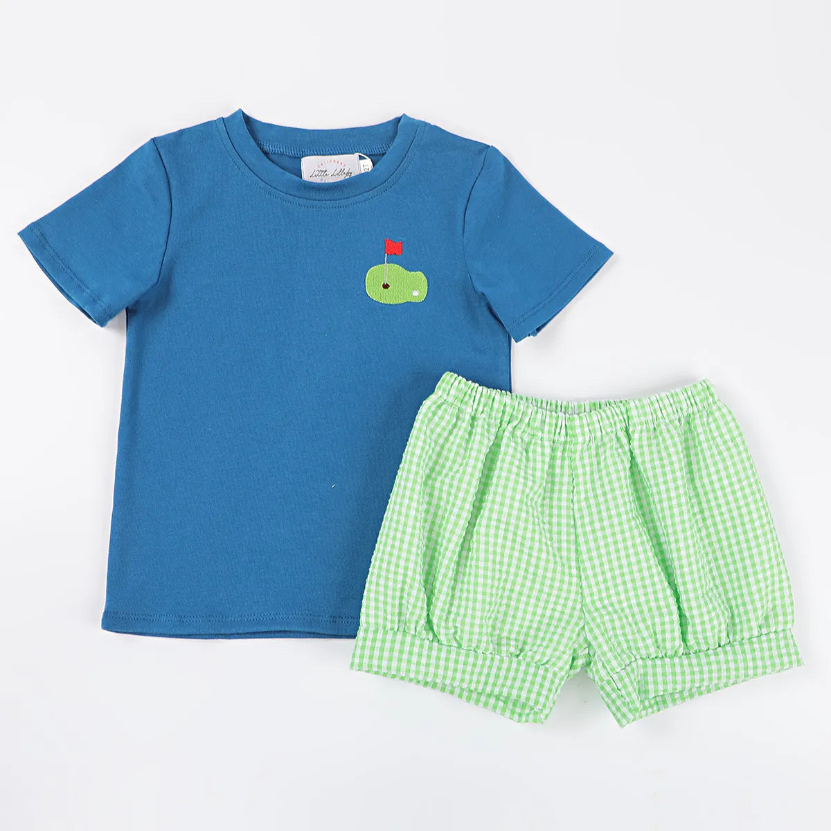 Boys Navy Blue and Green Gingham Golf Short Set