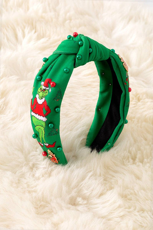 Green Christmas Mean One Character printed girls headbands with beads.