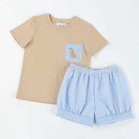 Boys Blue Gingham Dog Short Set