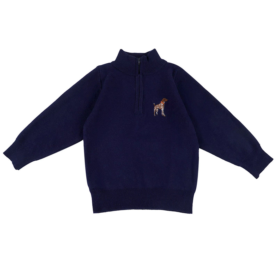 Boys Navy Hunting Dog Half Zip Sweater