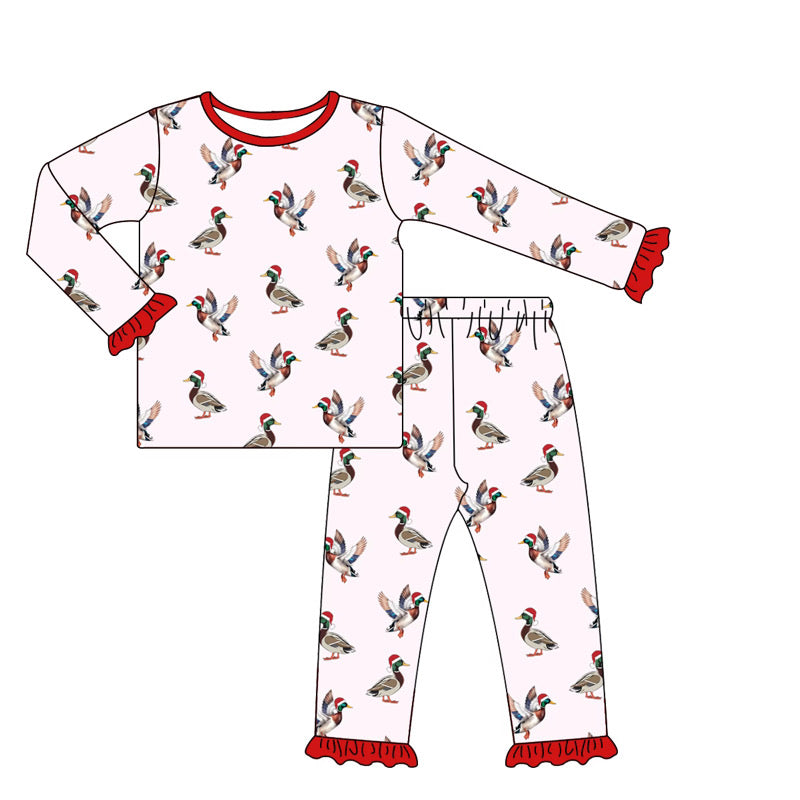 Girls Pink Christmas Mallard Duck Pajamas 2 Piece Set