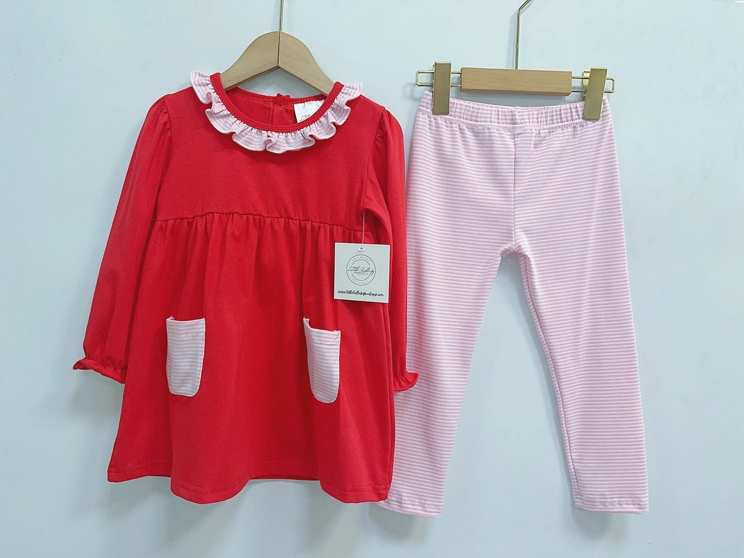 Red with Pink Stripe Accent Pants Set