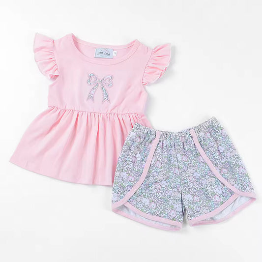 Girls Floral Short Set with Bow Applique Top