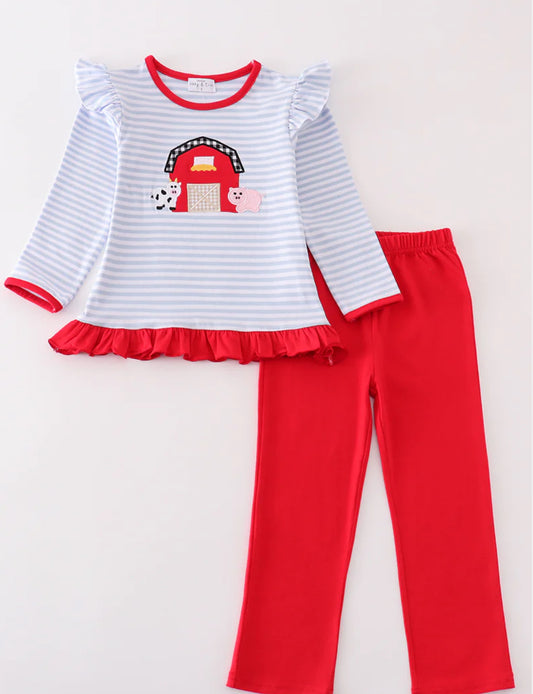 Girl’s Red Stripe Farm Applique Pants Set