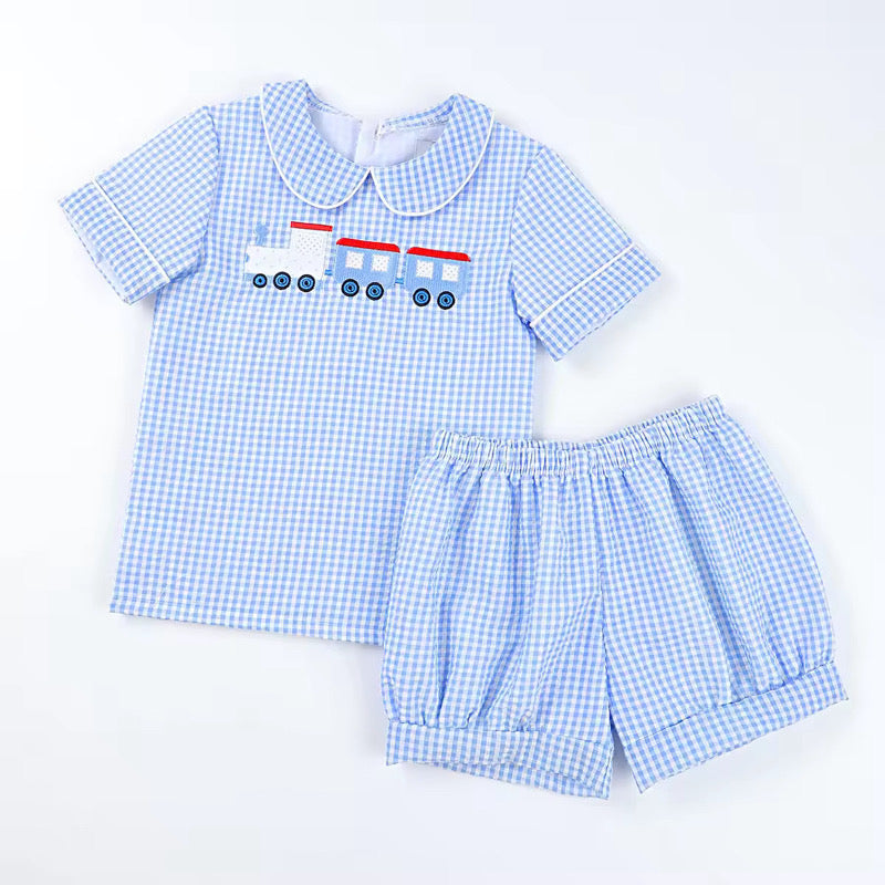 Boys Gingham Train Short Set