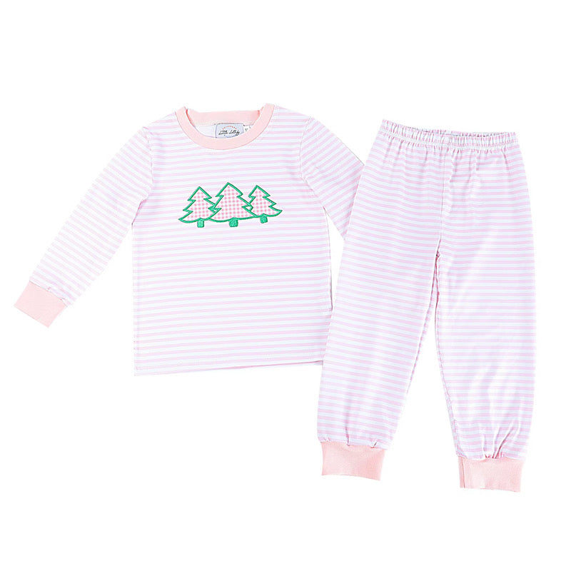 Girls Christmas Tree Applique Pajamas Set