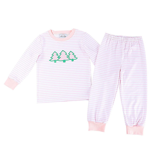 Girls Christmas Tree Applique Pajamas Set