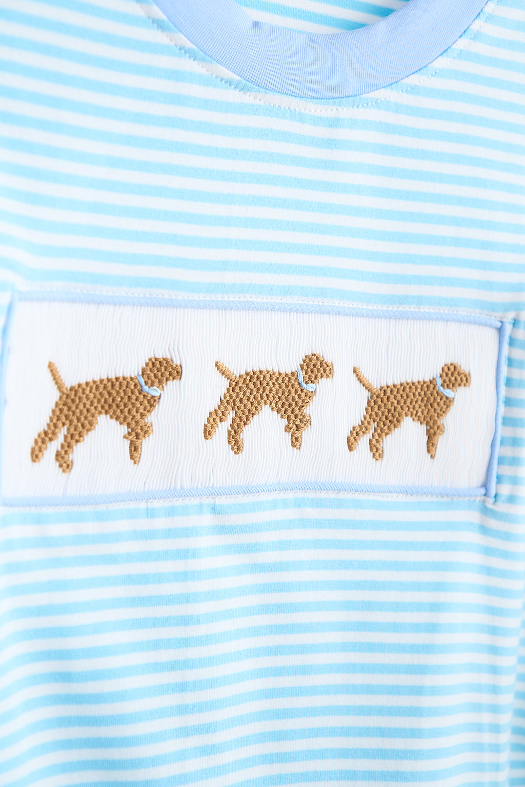 Blue puppy hand smocked boy stripe top