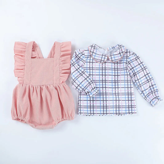 Girls Pink Corduroy Bubble with Plaid Undershirt