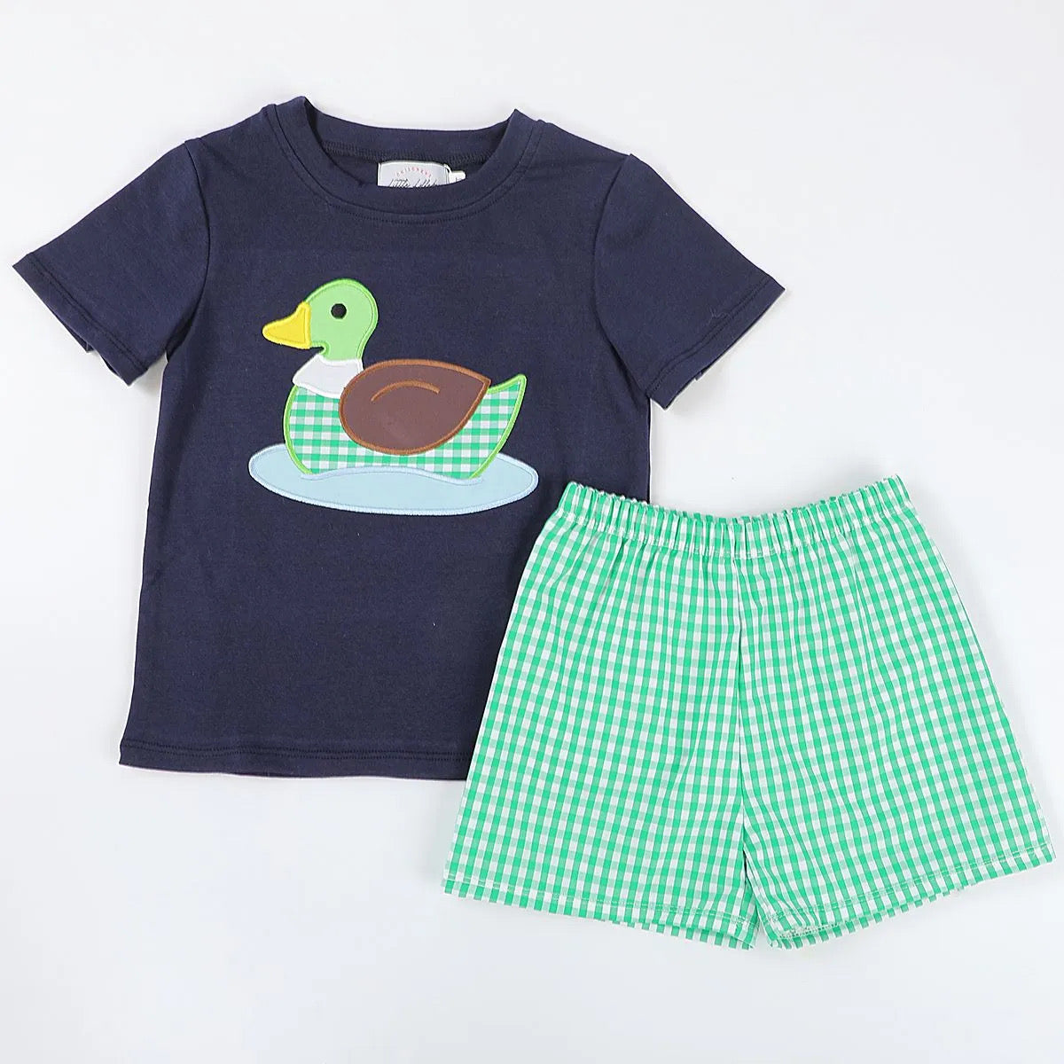 Boys Navy Blue and Green Gingham Mallard Duck Set