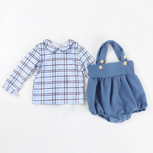 Boys Navy Blue Corduroy Bubble with Plaid Undershirt