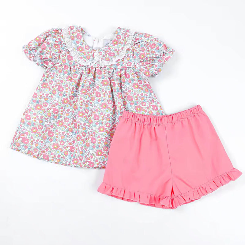 Girls Pink Floral Print Shorts Set