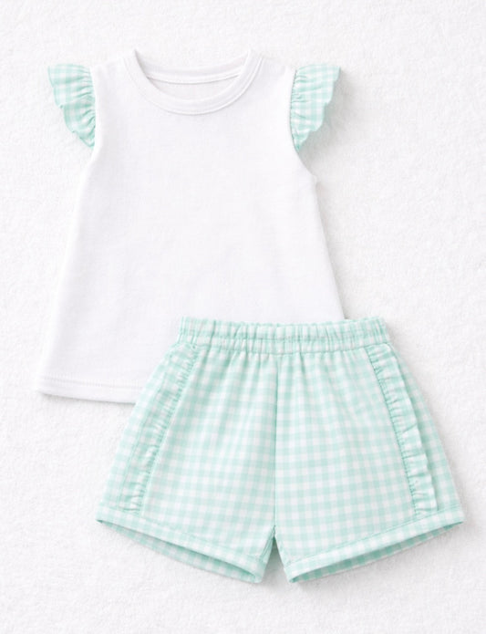 Girls Mint Green Gingham Short Set