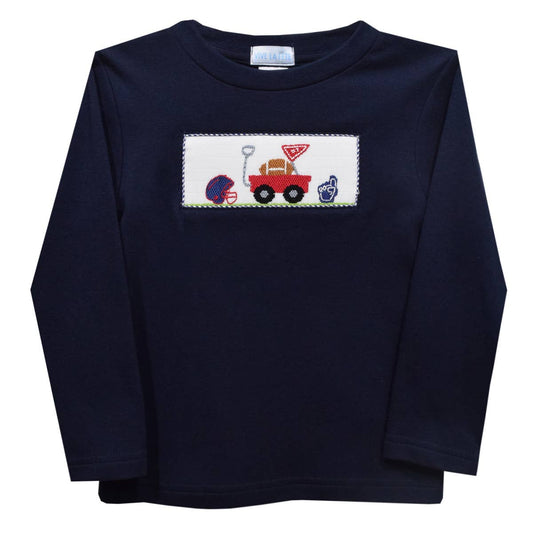 Football Smocked Navy Knit Long Sleeve Boys Shirt