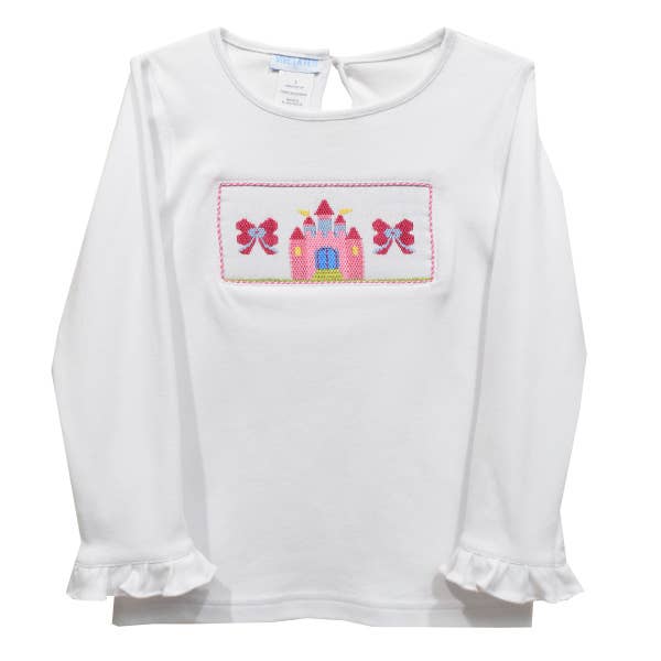 Castle Smocked White Knit Ruffle Long Sleeve Girls Shirt