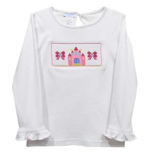 Castle Smocked White Knit Ruffle Long Sleeve Girls Shirt